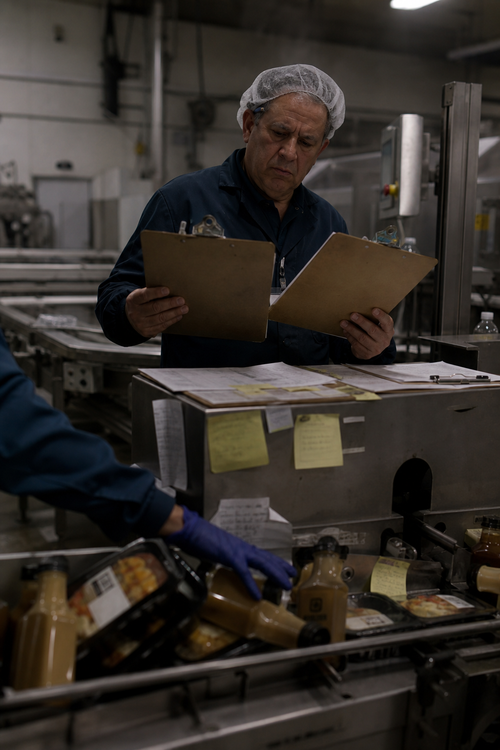 Operator comparing two clipboards over a jammed food packaging conveyor covered in batch sheets